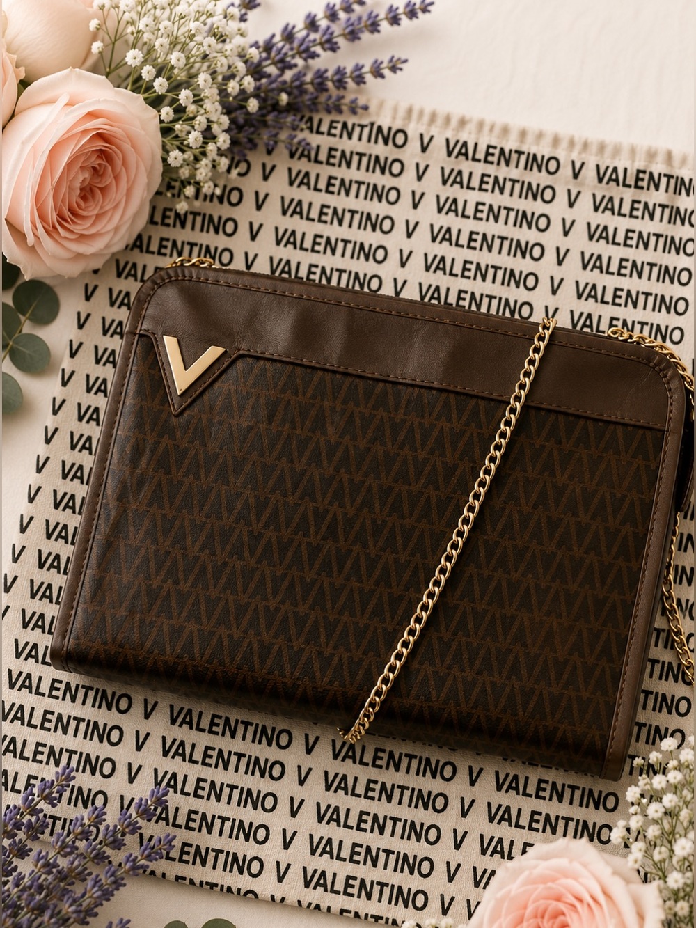 Vintage Mario Valentino Made in Italy Monogram Clutch Purse + Gold Chain
